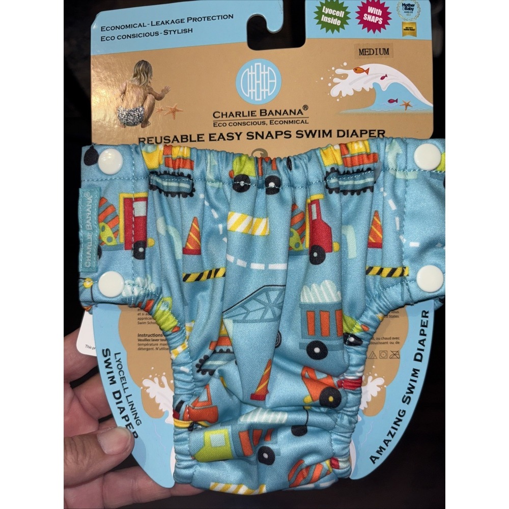 New Charlie Banana M Reusable Swim Diaper Easy Snaps Blue Construction 14-20 Lbs